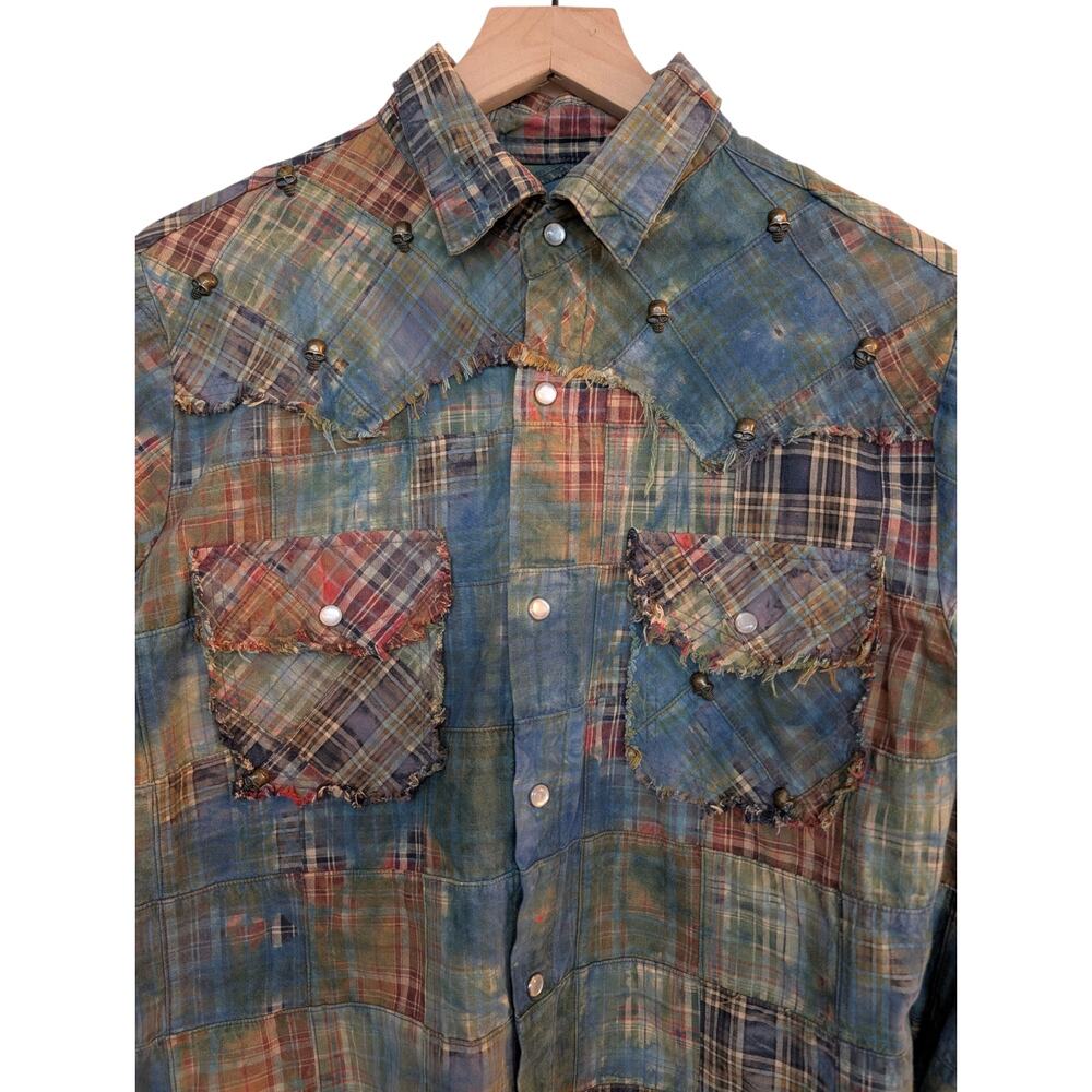 Custom Distresssed Studded Yoke Patchwork Madras Plaid Western Shirt - Picture 2 of 9